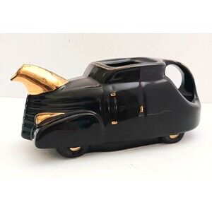 VTG HALL Auto Teapot 1938 Glossy Black/Metallic Gold Art Deco Made in USA 48 oz